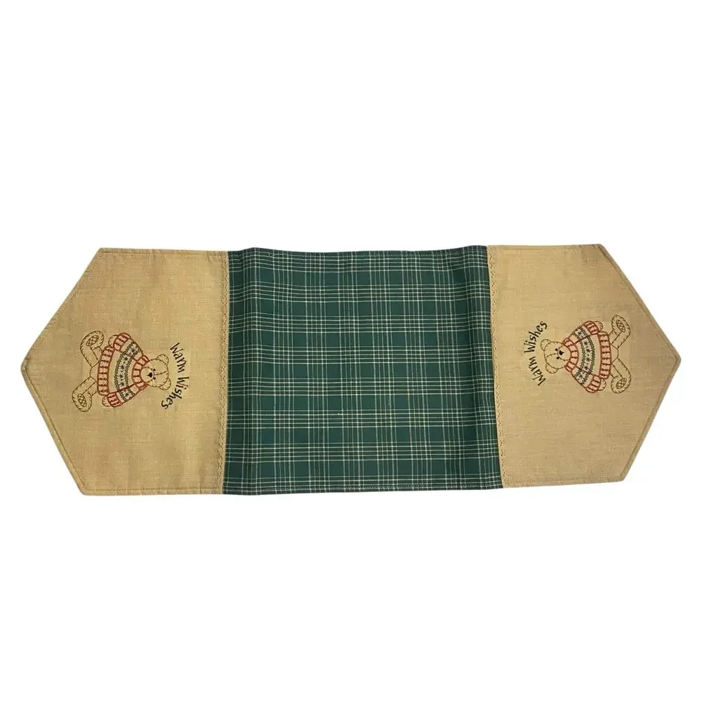 Vintage table runner for side table that reads “Warm Wishes” w teddy bear design